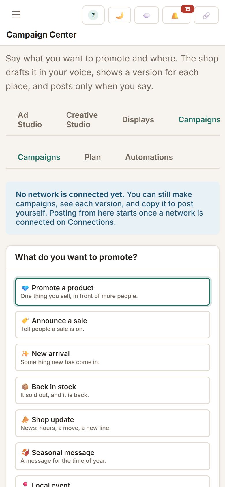 The Campaign Center on a phone: choose, then check each version